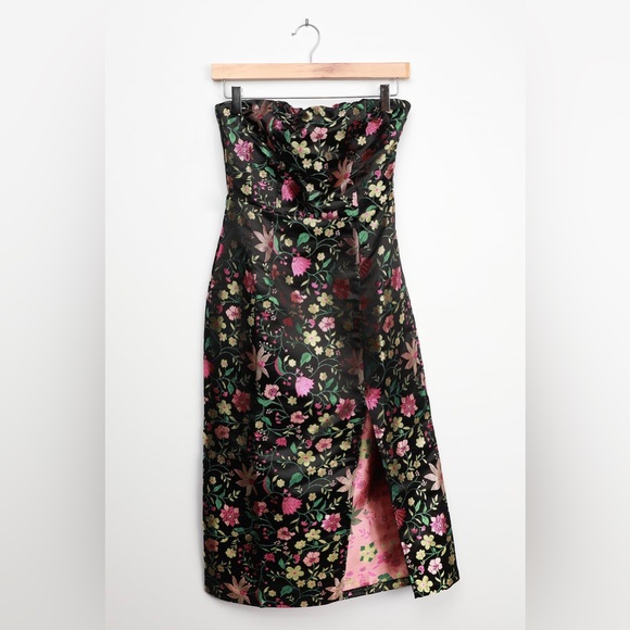 Lulu’s Make A Move Black Satin Floral Jacquard Strapless Midi Dress - Picture 5 of 7